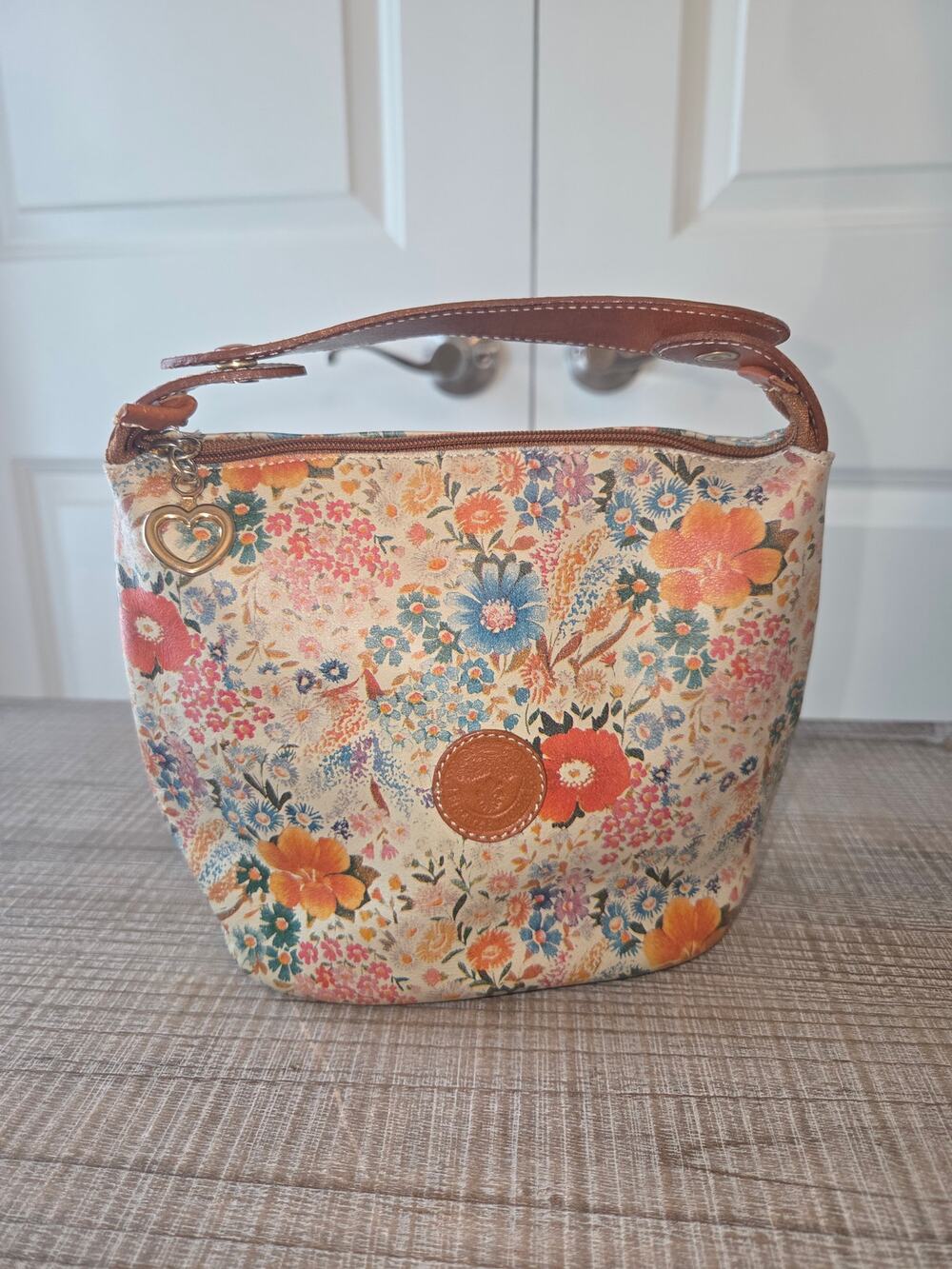 Firenze Moda Italian Leather Mini Floral Purse with Leather Medallion Logo